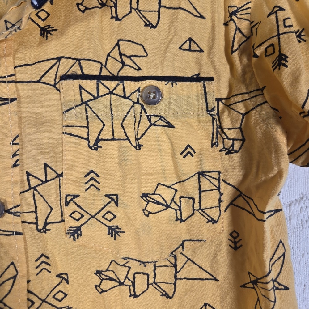 Craft+Flow Origami Dinosaur Shirt Kids 4-5 Mustard Yellow Short Sleeve Button Up - Picture 3 of 8